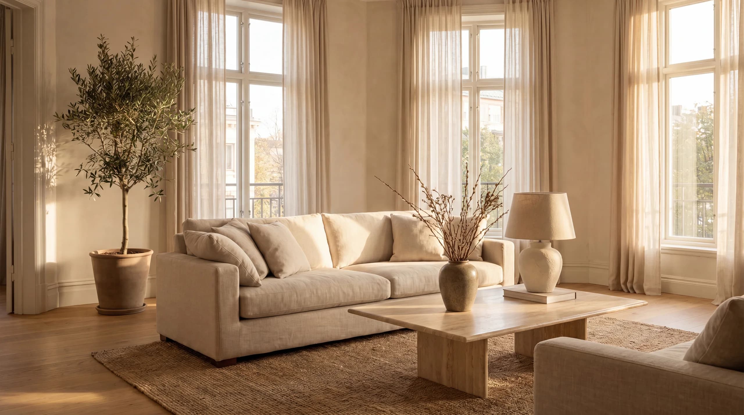 A warm, sun-drenched living room with a linen sofa, an olive tree, a travertine coffee table, and a ceramic lamp