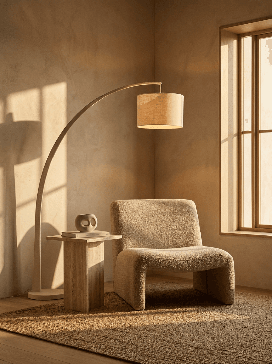 A warm, minimal living-room corner with a glowing arc floor lamp