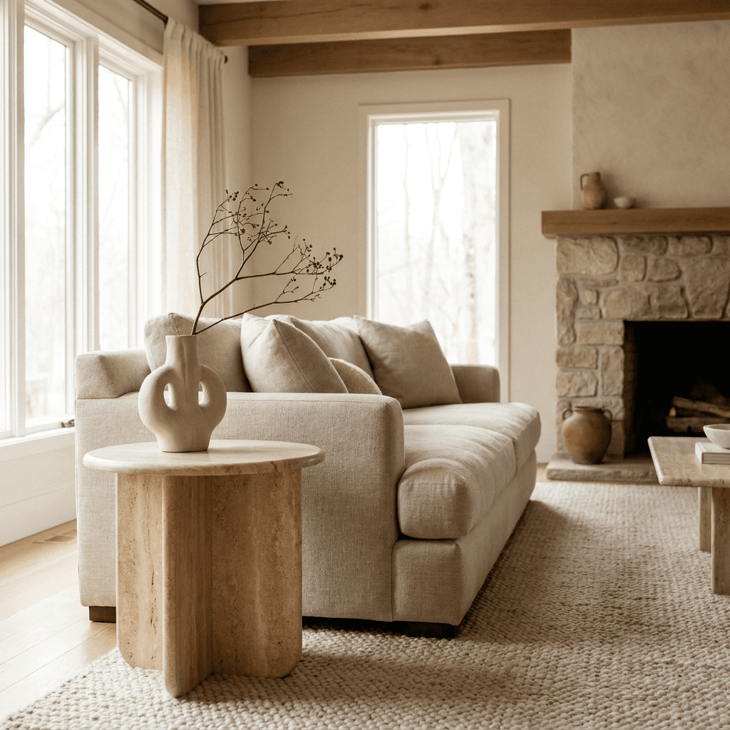 A travertine side table styled in a warm, minimal room