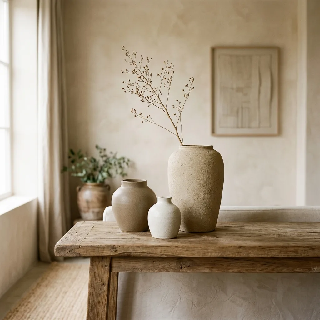 Warm ceramic vases and branches on a rustic wood table