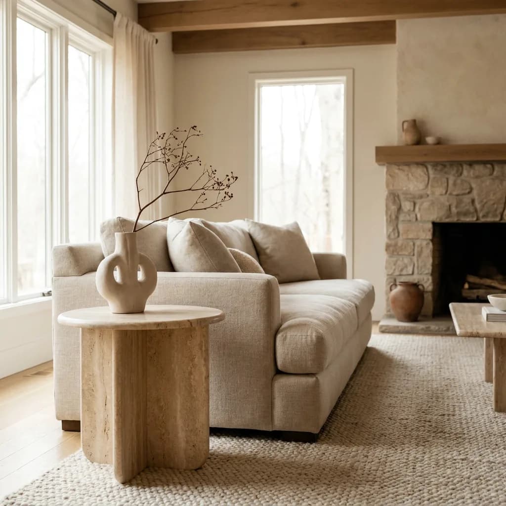 A warm, sunlit living room with a travertine side table and stone fireplace