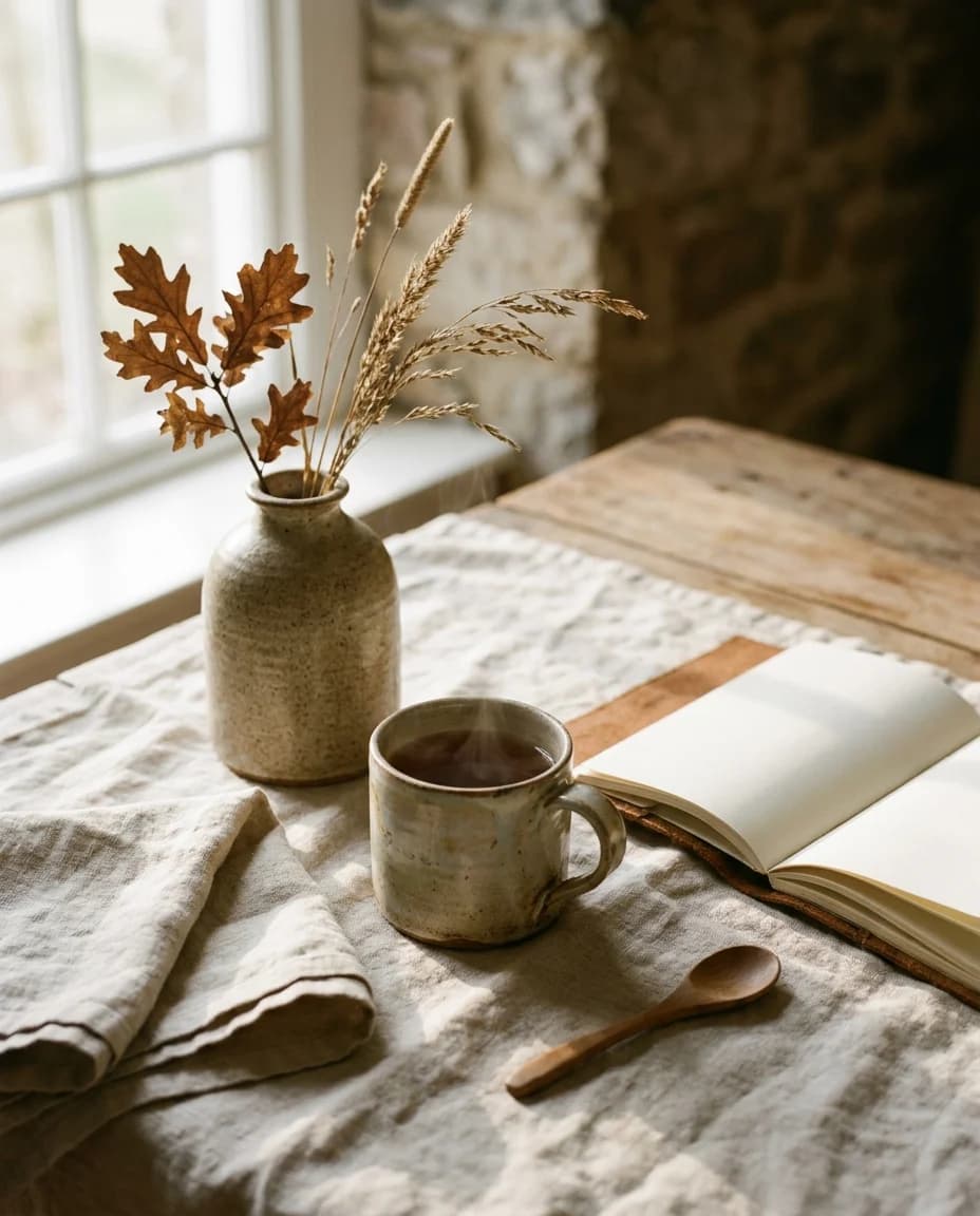 A warm still life — a ceramic mug, a vase of dried branches, and a notebook in soft morning light